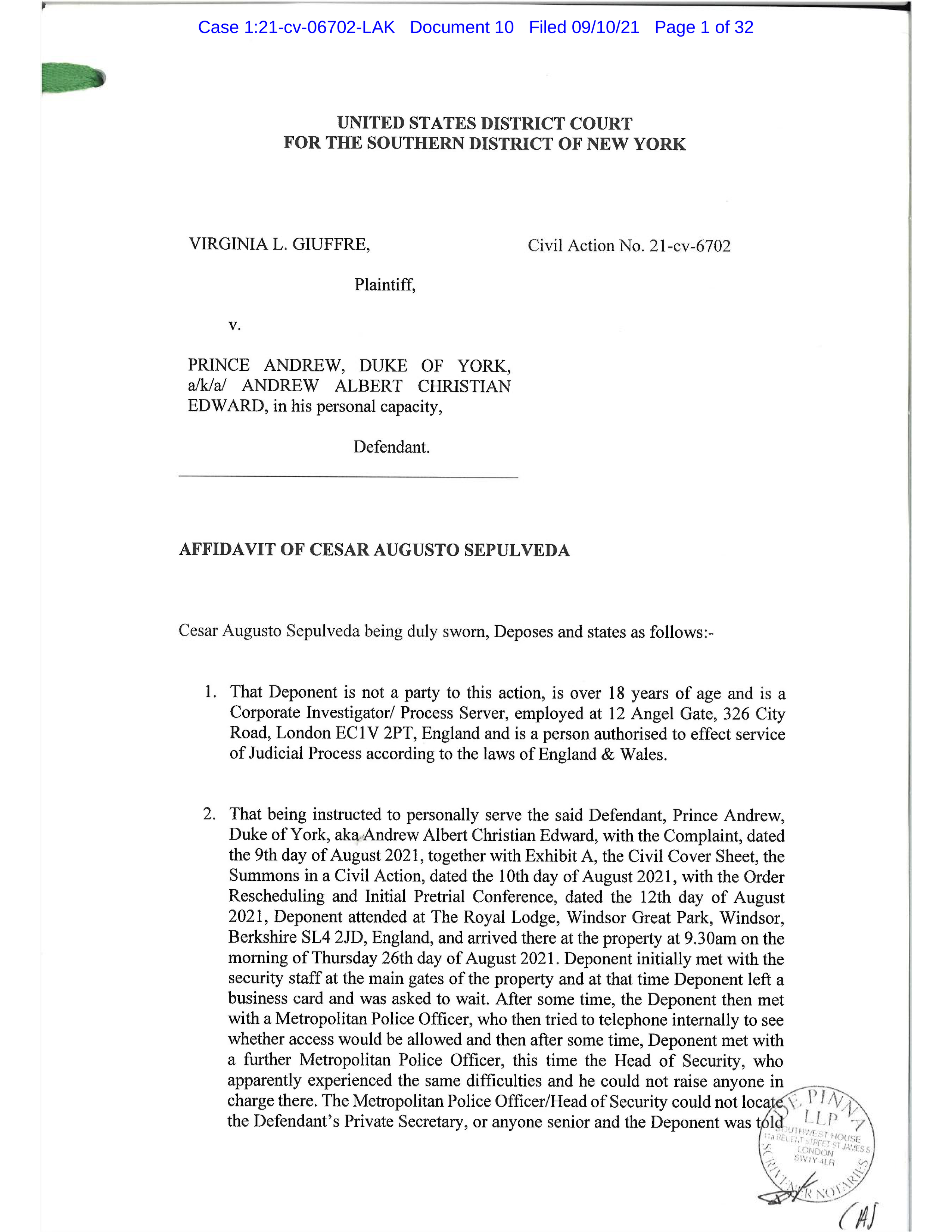 Prince Andrew- Process server's affidavit