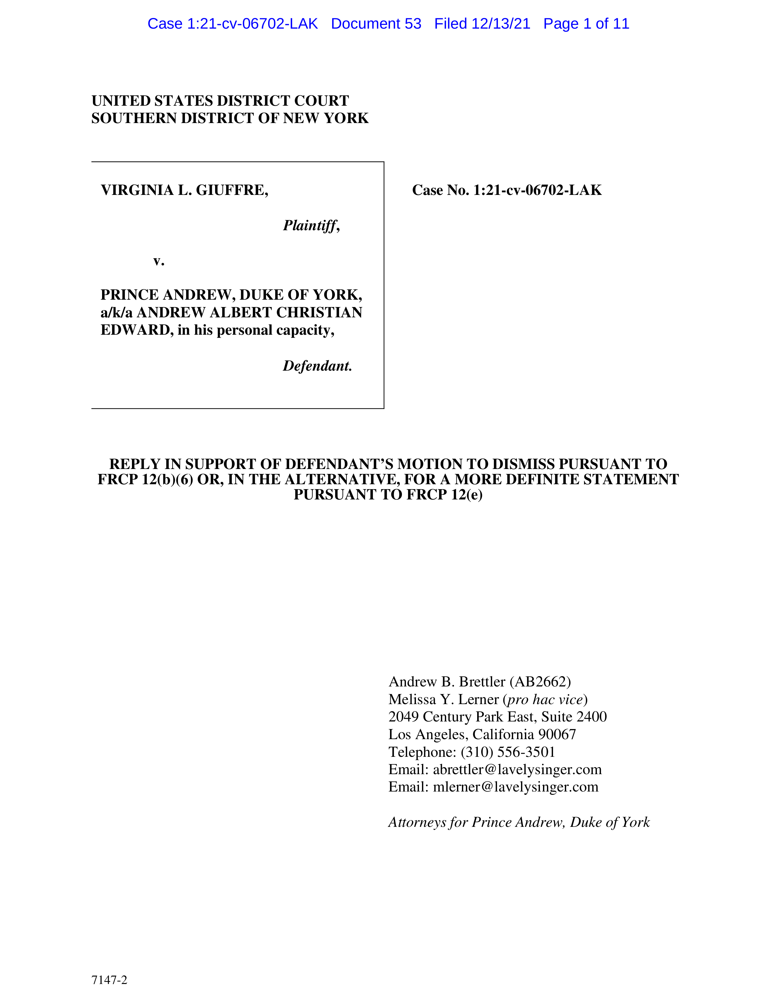 Giuffre v Prince Andrew - Reply Supp Def Mot Dismiss