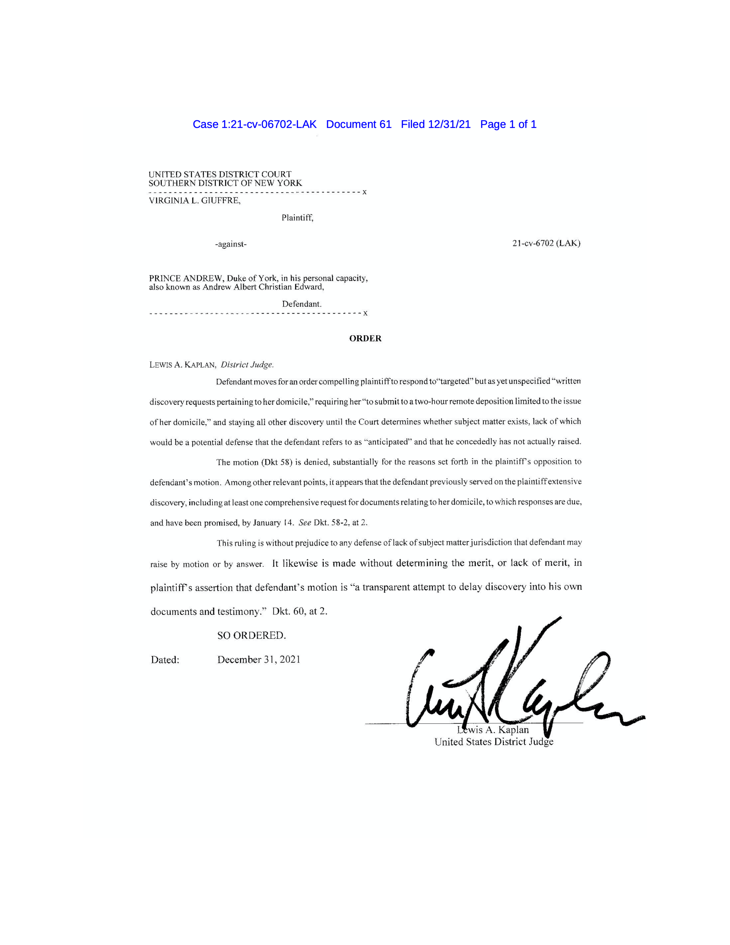 Prince Andrew order 12.31.21