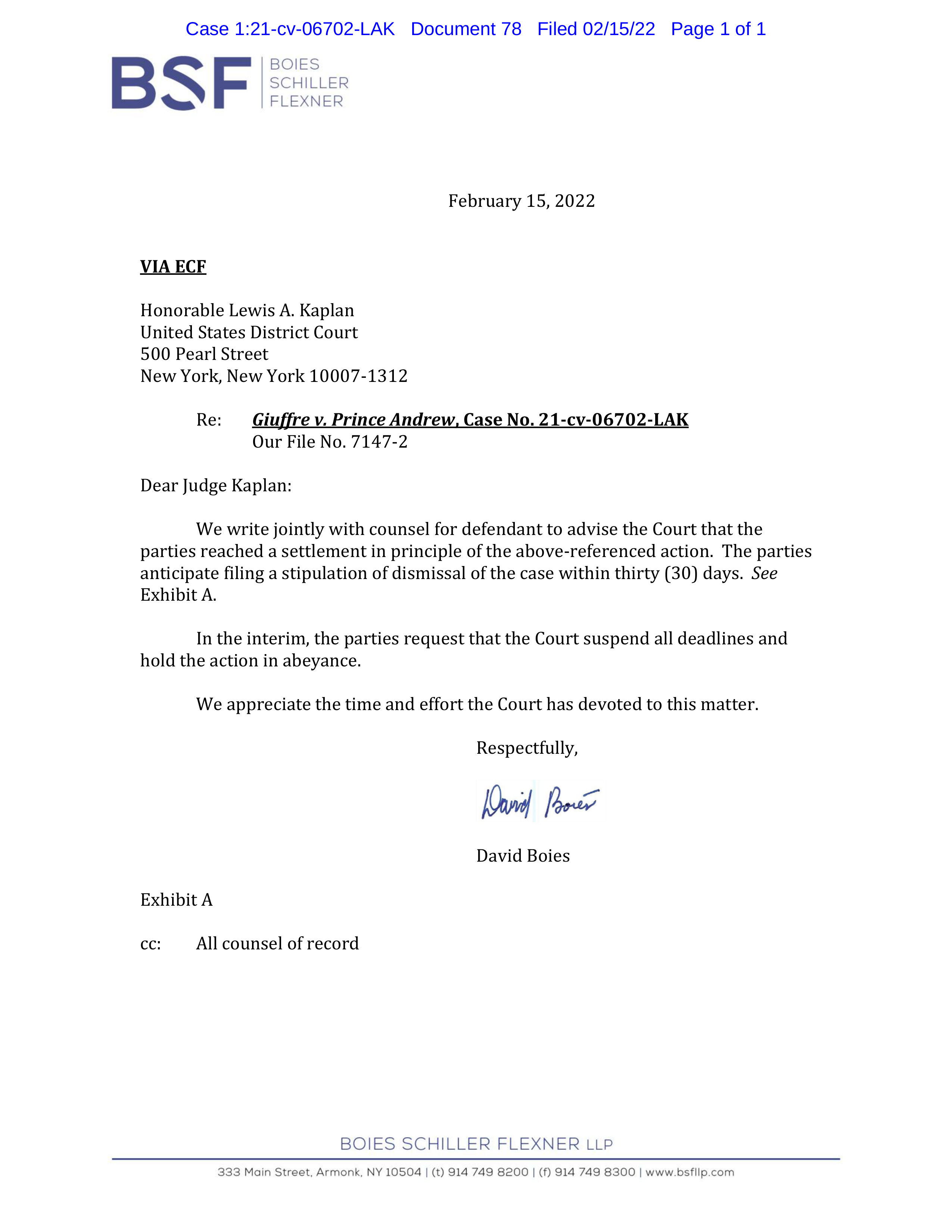 2-15-22 Giuffre v Prince Andrew notice of settlement