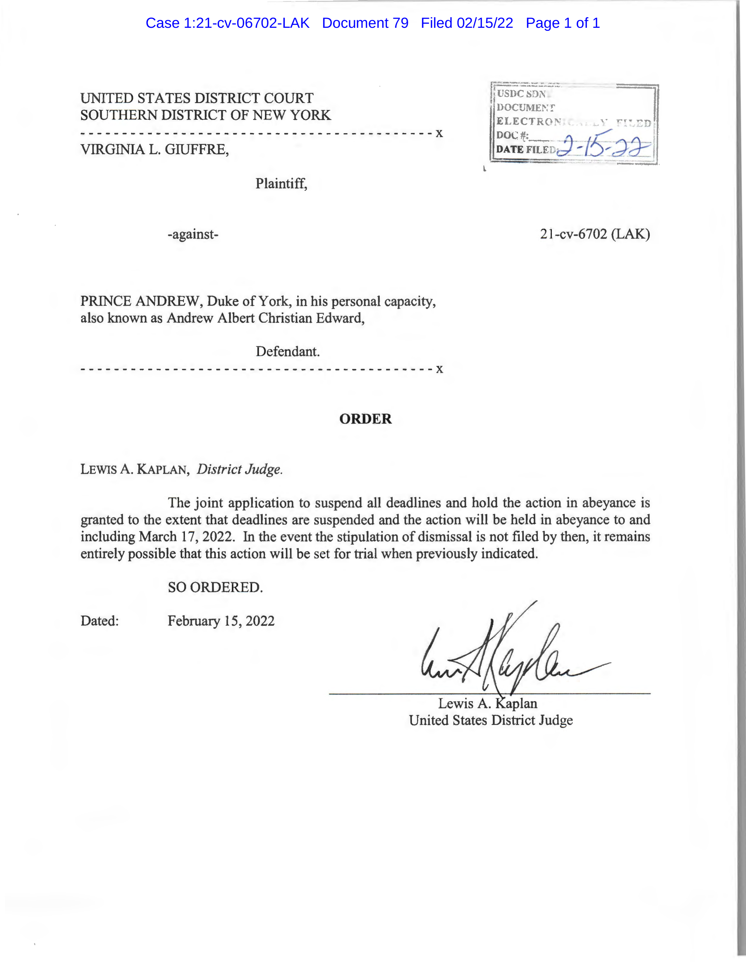 Giuffre vs. Prince Andrew: Suspension Order 2/15/2022