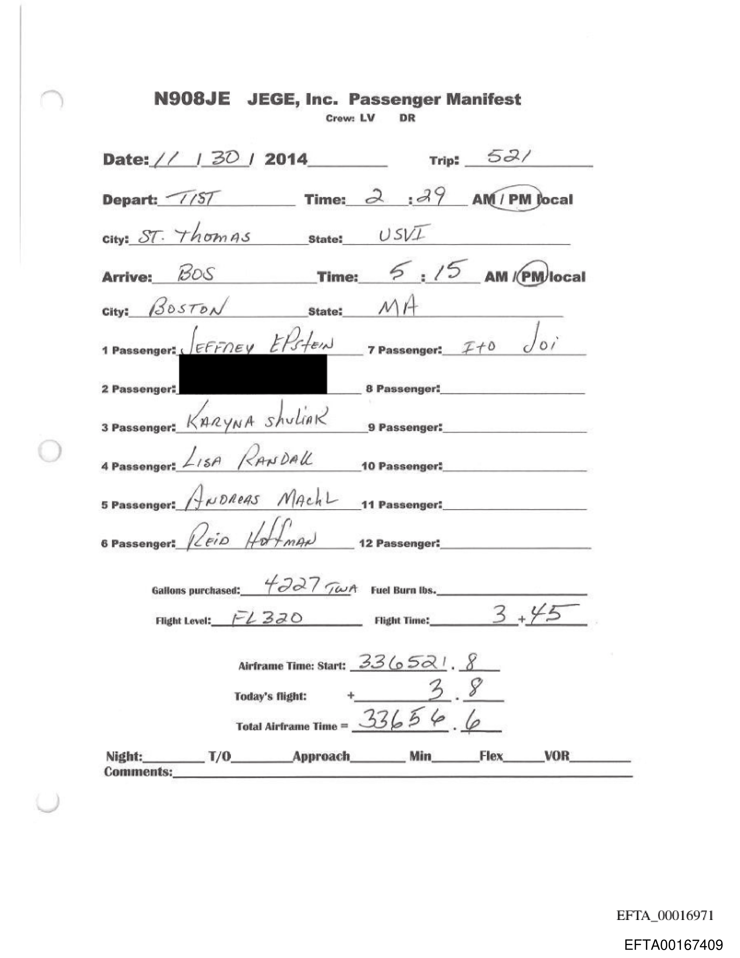 Epstein-Randall Flight Log